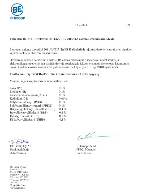 Vakuutus RoHS II Direktiivin 2011/65/EU / 2015/863 vaatimusten mukaisuudesta (RoHS)