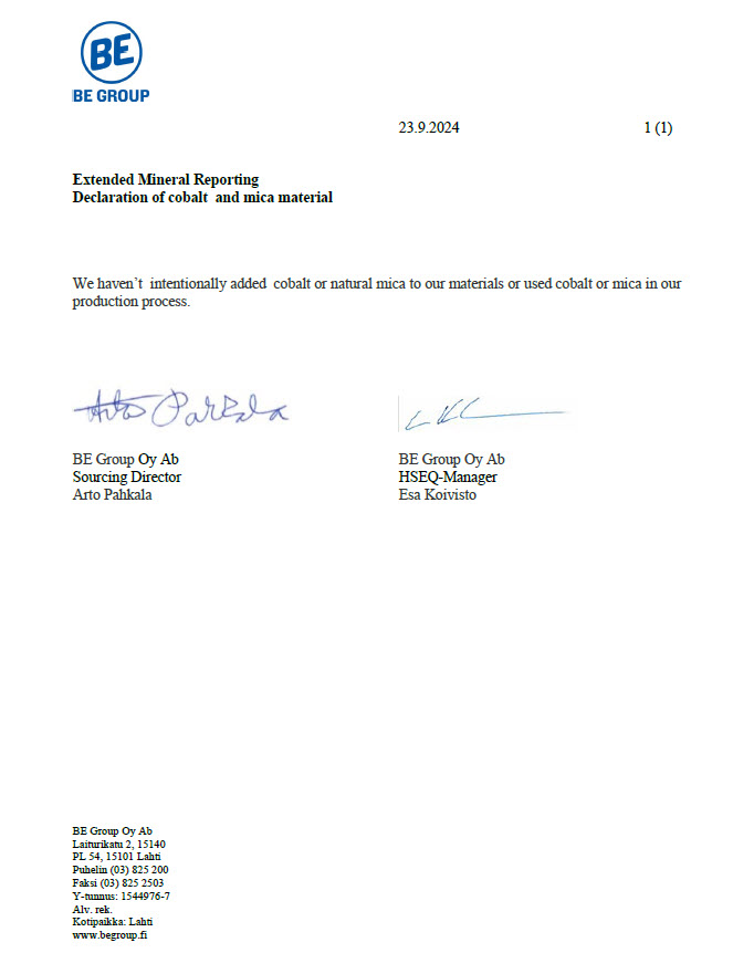 Declaration of cobalt and mica material